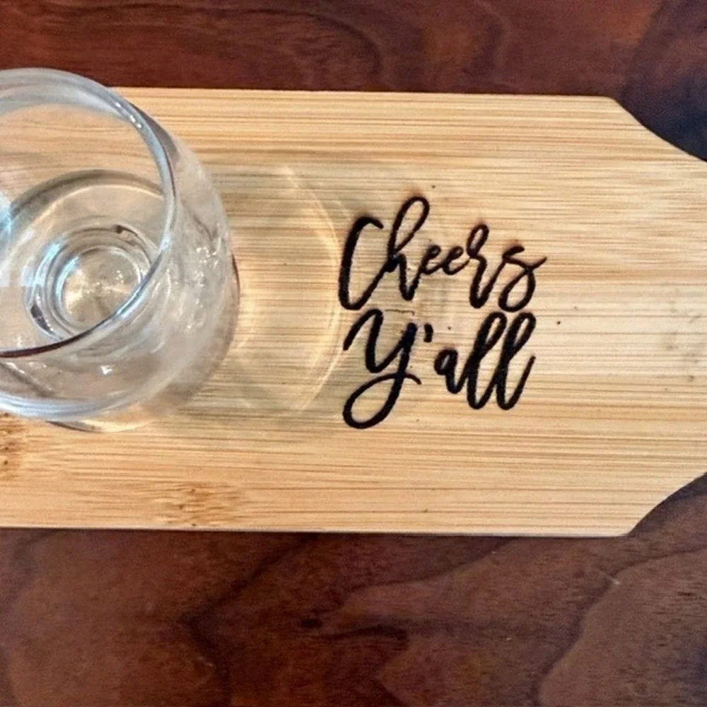 Bamboo Whiskey Beer Flight Board Paddle Set 4 Snifter Glasses Cheers Y'all